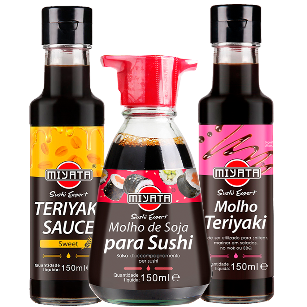 Gama de molhos Miyata Sushi Expert, Teriyaki, Ponzu e Molho de Soja para culinaria japonesa autentica,molhos premium da marca Miyata